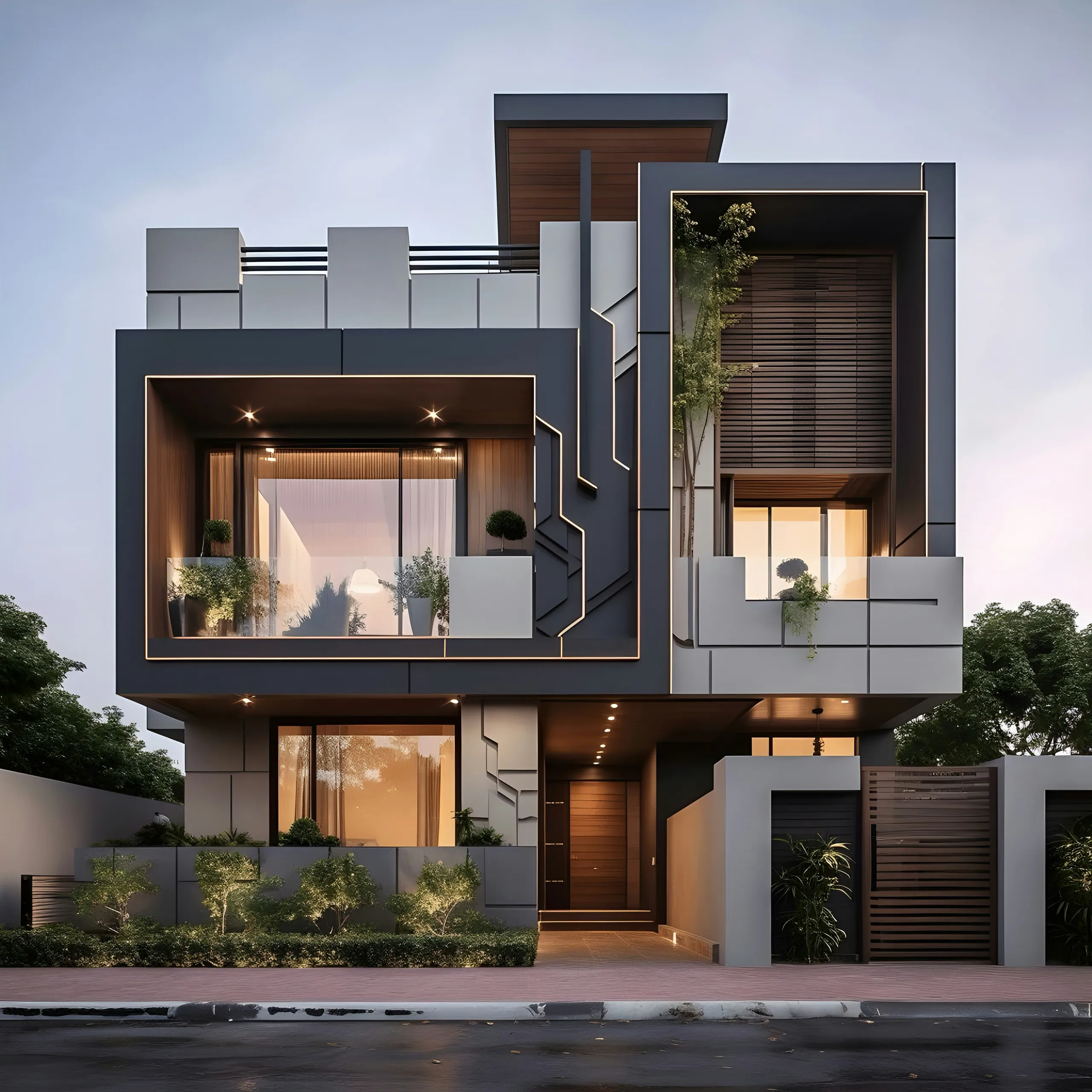 Casa moderna de volumen en negro y gris, con acentos de madera y acristalamiento iluminado al anochecer
