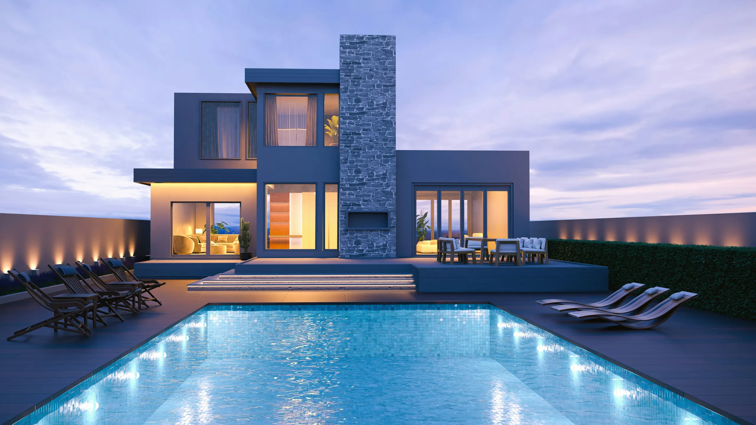 Villa moderna con piscina iluminada al anochecer
