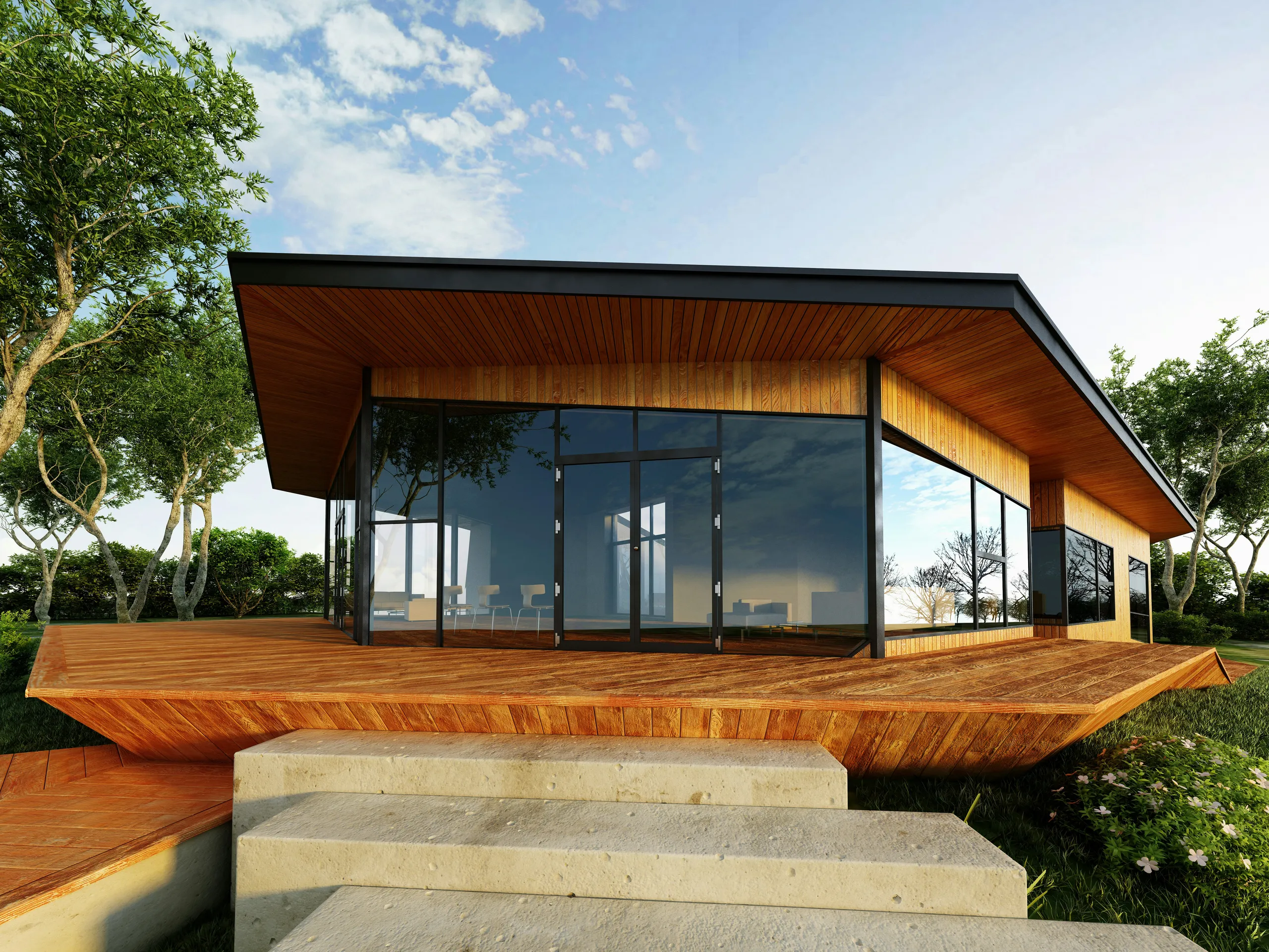 Casa moderna de una planta con fachada de madera, grandes acristalamientos y terraza de madera sobre un fondo de cielo