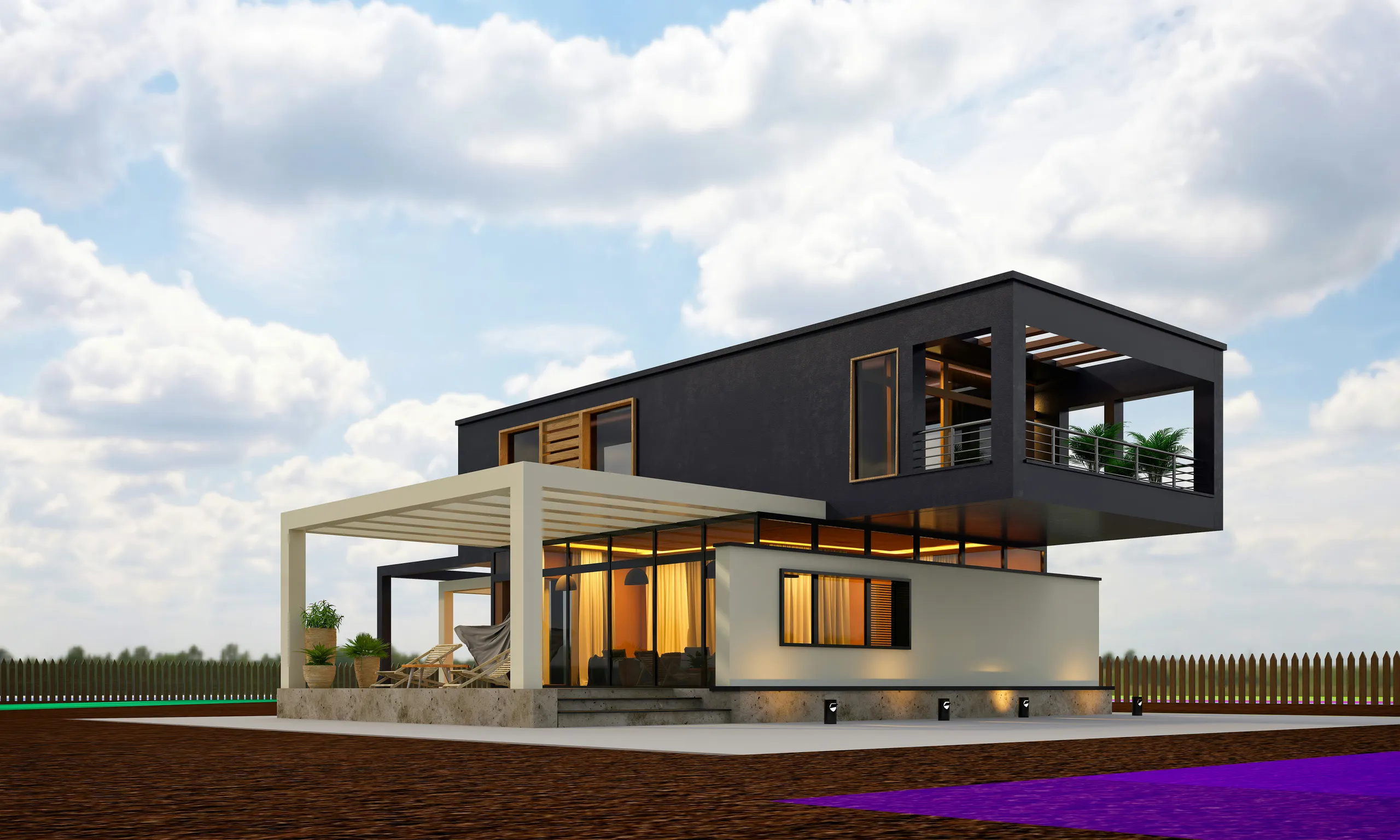Casa moderna de volumen superior negro, planta baja blanca, pérgola y grandes acristalamientos sobre un fondo de cielo