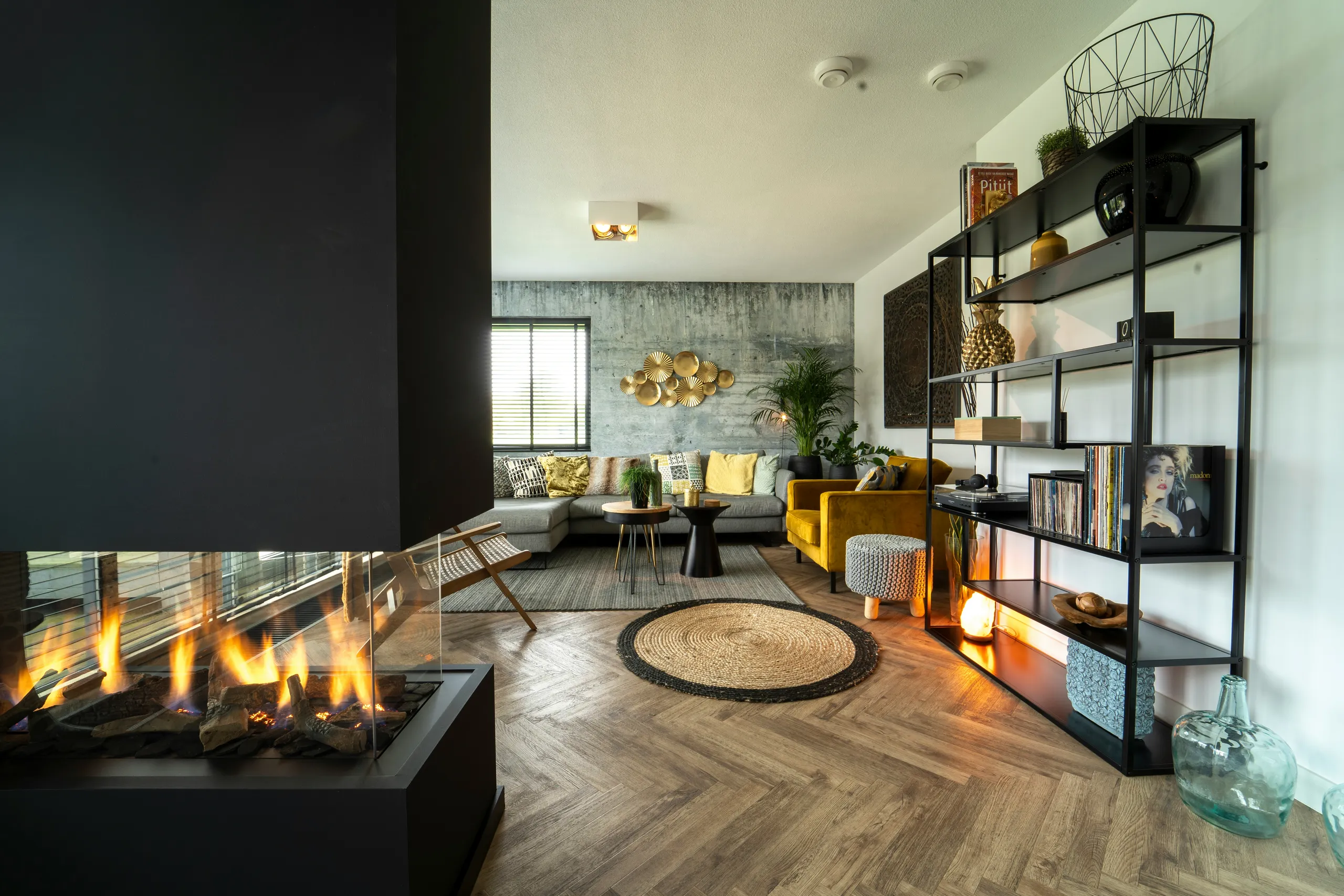 Salón moderno con chimenea, suelo de madera y estantería negra